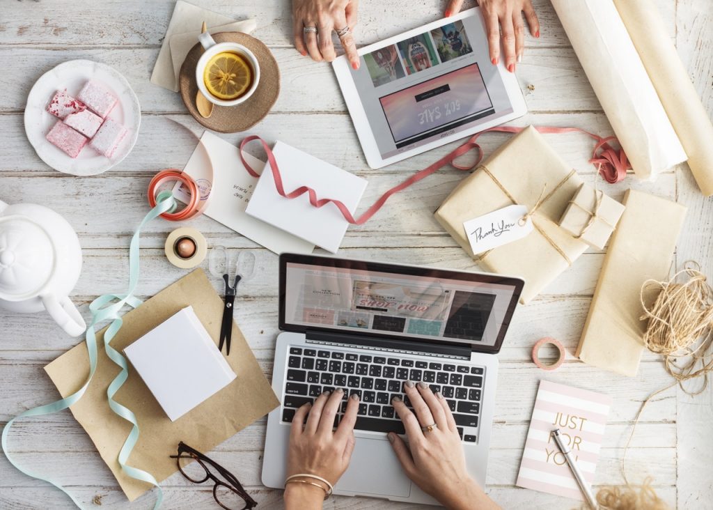 Doing business at computer, overhead image
