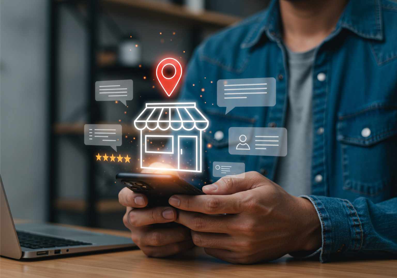 A person in a denim shirt uses a smartphone, with digital icons of a store, location pin, chat bubbles, and star ratings hovering above, conveying connectivity and business interaction.