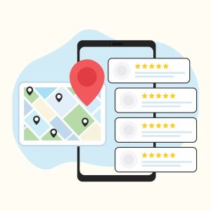 Illustration shows a smartphone displaying a map with location pins and a large red pin. Next to it, five-star reviews symbolize high ratings.